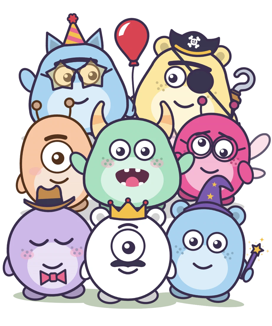 Nine Chompers, each dressed up differently: a party hat, a balloon, a pirate, a crown, a wizard and more